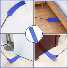 Blue microfibre duster on a telescopic pole for baseboards, corners, and floor cleaning