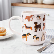 White dog mug with all-over puppy print and 'Woof' rim text