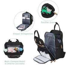 Black diaper backpack with changing pad laid flat and organizer compartments