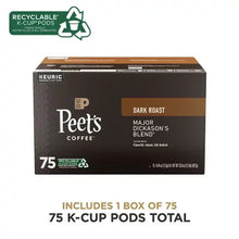 Peet's Coffee dark roast Major Dickason's Blend 75-count K-Cup pod box, front/side view