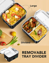 Heated lunch box with two compartments and removable tray divider for separate hot meals