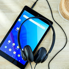 Black wired on-ear headphones with cushioned ear pads and AUX-style cord