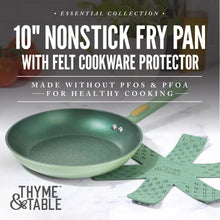 Green nonstick fry pan with felt cookware protectors, 10 in size