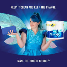 Paper towel rolls held by a person wearing a blue dress, with white packaging