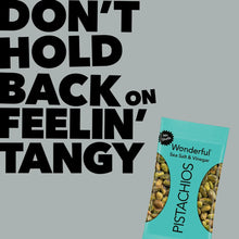 No-shell sea salt & vinegar pistachios pouch with large bold text