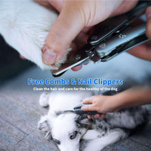 Pet dog nail clipper trimming a dog's paw nail near a hand-held fur