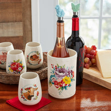 Stoneware stemless wine glasses with floral prints and bottle chiller stoppers