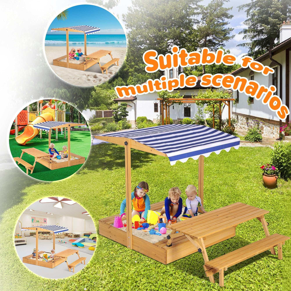 Haverchai Kid Sandbox with Lid, Outdoor Wooden Sand Boxes with Kids Picnic Table, Sandpit with Cover Canopy, Toddler Outdoor Playhouse with 2 Bench, Adjustable Roof & Bottom Liner for Backyard, Beach - USA MEGA SHOP