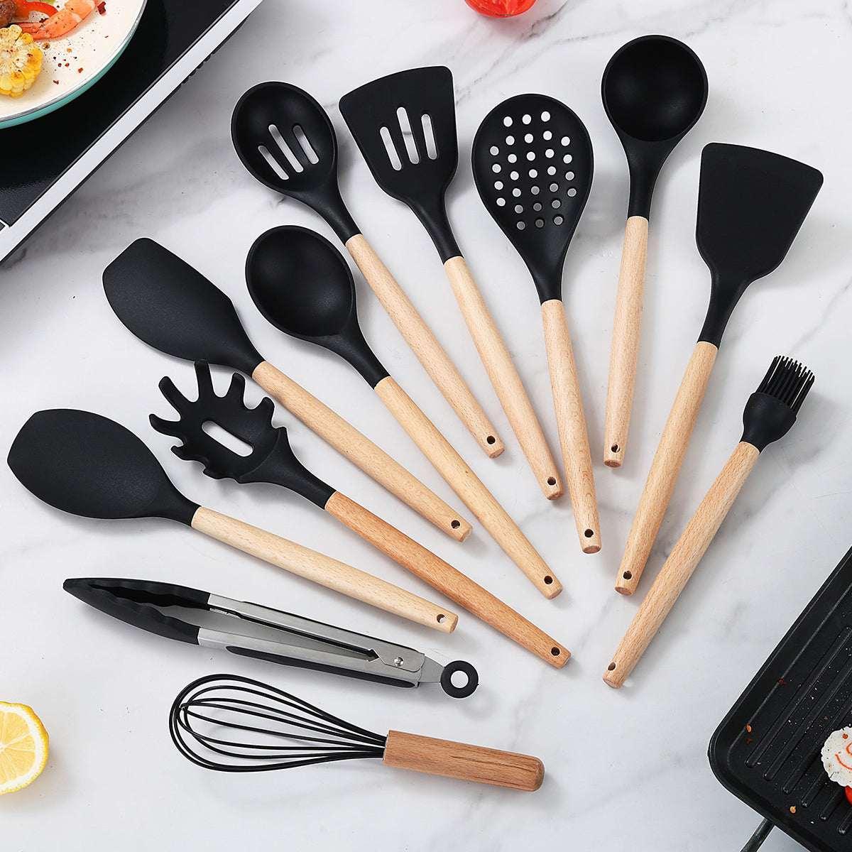 ReaNea Silicone Kitchen Utensils Set 38 Pieces and Utensil Holder (Black)