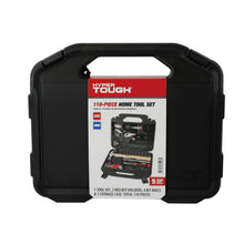 Closed home tool set case with front label panel and molded handle