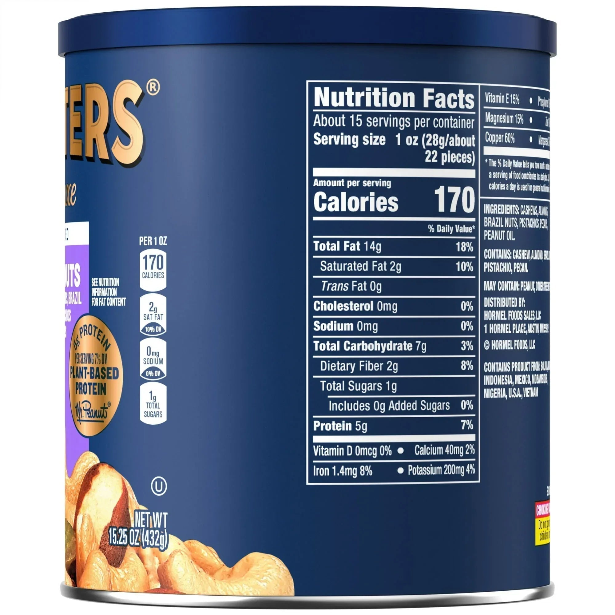 PLANTERS Deluxe Unsalted Mixed Nuts, Party Snacks, Plant Based Protein, 15.25 oz Steel Can