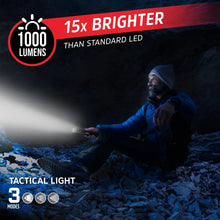 Tactical flashlight shining a bright beam at night