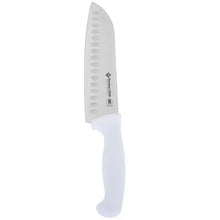 Santoku slicing knife with gray serrated blade and white non-slip handle
