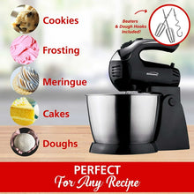 Black stand mixer with stainless steel bowl on countertop