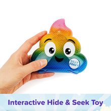 Rainbow textured poop character hide-and-seek toy in hand, smiling face