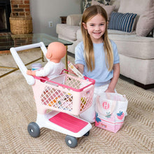 Kids shopping cart with pink basket, doll inside, and matching tote bag