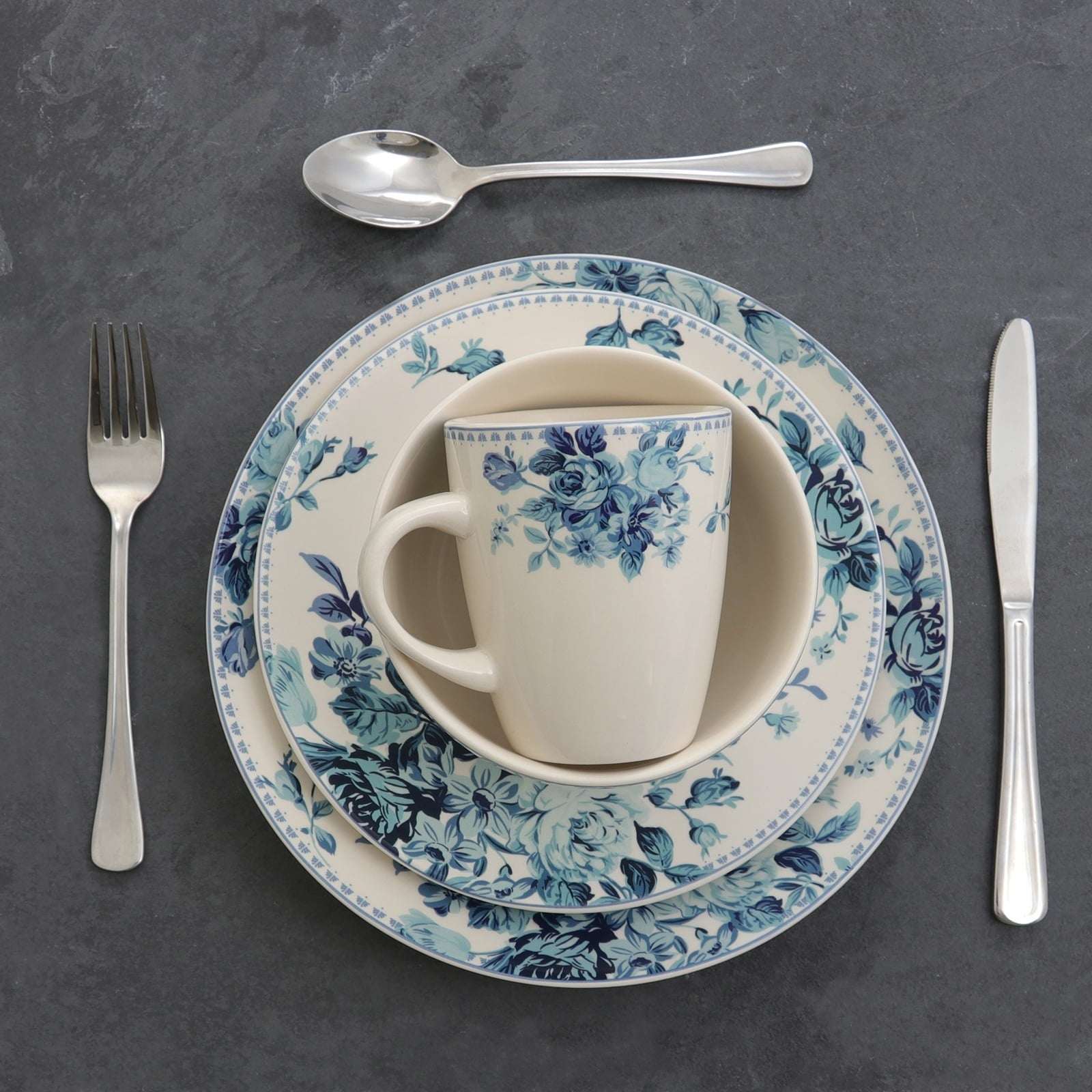 Elama Blue Rose Traditional 16 Piece Elegant Dinnerware Set