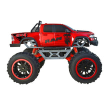 Red RC 4x4 monster truck side view with orange shocks and large black tires