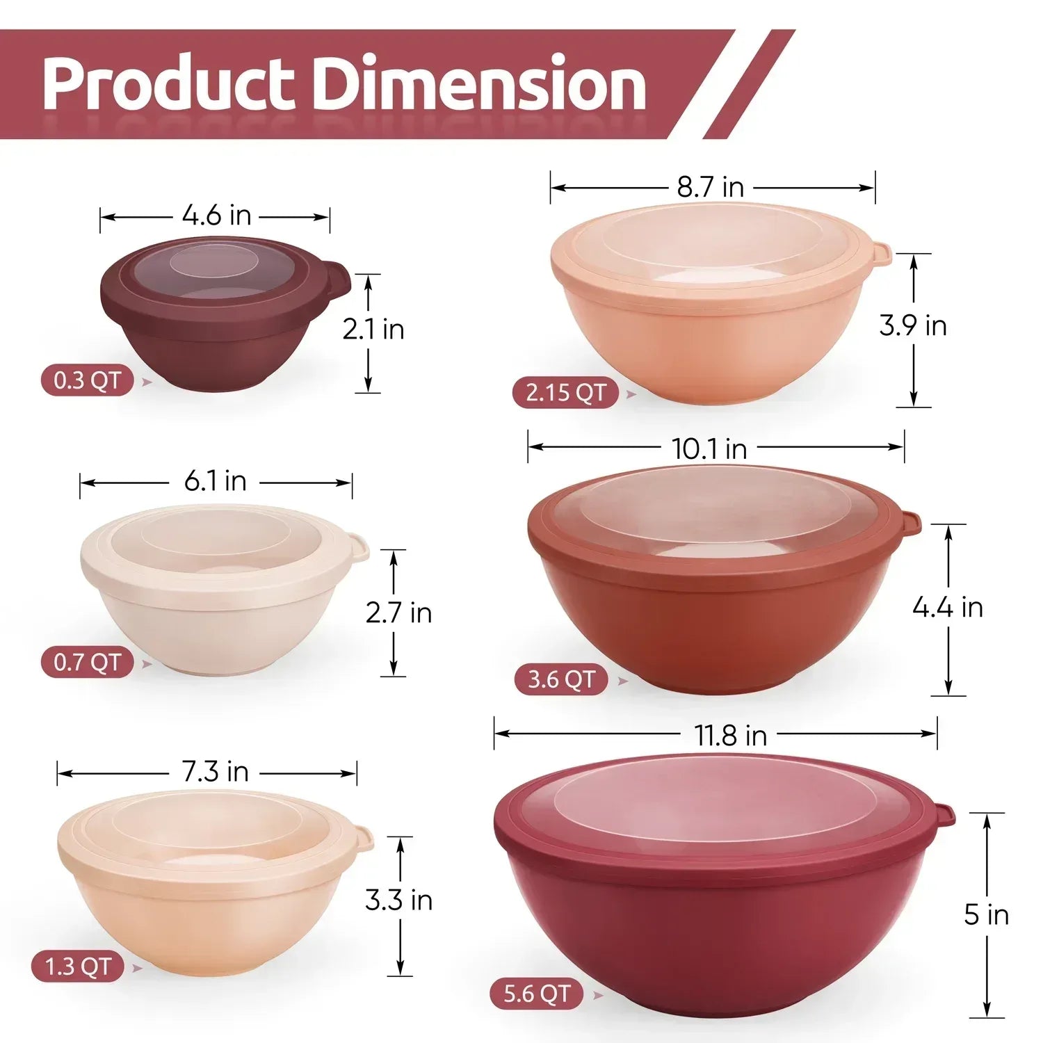 Walchoice Mixing Bowls with Airtight Lids Set of 6, Plastic Nesting Bowls Prep Bowls for Mixing, Serving, Kitchen Preparing, Storage, Microwave & Freezer Safe