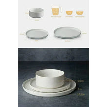 White stoneware bowl and plate set shown with size measurements in inches