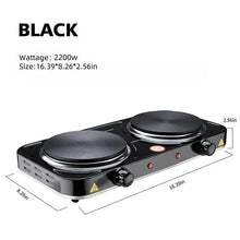 Compact double electric hot plate with two black coil burners, indicator lights, and knobs