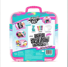 Activity case back panel with feature icons and label on pink and teal design