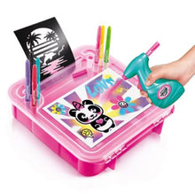 Pink activity tray with panda art card, markers, and teal airbrush tool