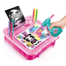 Pink activity tray with airbrush tool, markers, and printed art cards