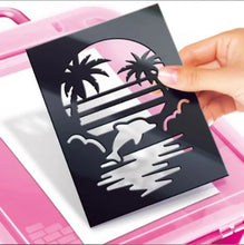 Black airbrush stencil sheet with palm trees and beach scene design