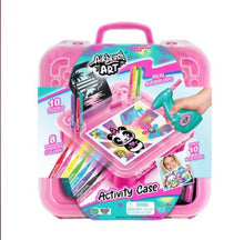 AirBrush activity case with pink clear lid and handle, featuring art tools and stencils