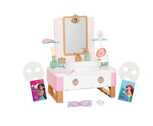 Kids spa vanity set with mirror, sink, bottles, and two face accessory packages
