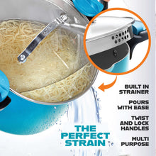 Pasta pot with clear glass strainer lid insert and twist-lock handles, pouring-ready