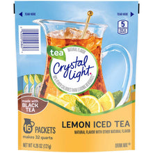 Crystal Light lemon iced tea powdered drink mix packet with a glass of iced tea and lemon slices.