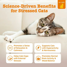 Cat calming bite treats with resting tabby on infographic “Science-Driven Benefits”
