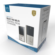 Smart lock retail box showing keypad and door panel designs with built-in Wi-Fi