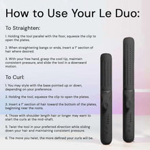 Hair straightener usage steps shown beside black flat iron tool