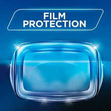 Dishwasher detergent tablet box graphic, Film Protection shield over tablet tray