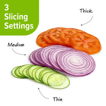 Mandolin slicer showing adjustable thickness with tomato, onion, and cucumber slices