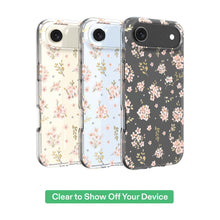Set of clear floral phone cases: light, translucent, and dark with pink flower patterns