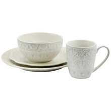 Stoneware mug and bowl set with embossed floral lace designs, off-white