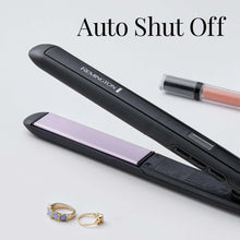 Remington flat iron with auto shut off feature, black body and purple plates