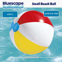 Inflatable beach ball with red, white, and yellow curved stripes and blue valve