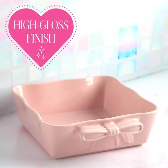 Paris Hilton Ceramic Square Baking & Casserole Dish, 8 x 8 x 2.75 in, Oven Safe to 450°F, Dishwasher & Microwave Safe, Pink with Bow Handles
