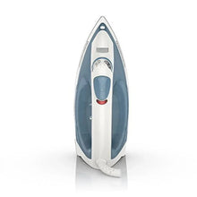 Steam iron standing upright with blue water tank and white housing