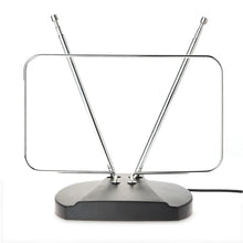 Indoor TV antenna stand with two adjustable metal rods and coax cable