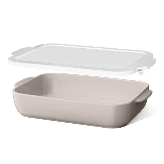 Beautiful 9”x 13” Stoneware Baker with Plastic Lid, Porcini Taupe by Drew Barrymore