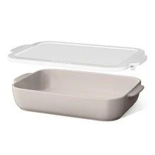 Stoneware baking dish with plastic lid, light taupe, lid partially open