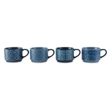 Four blue patterned ceramic mugs with handles, set of 4