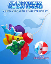 Cloth fishing toy set with sticky felt sea animals on strings for easy catch
