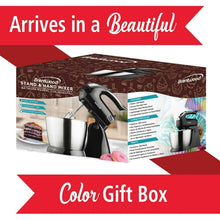 Brentwood stand & hand mixer gift box showing black mixer and metal bowl